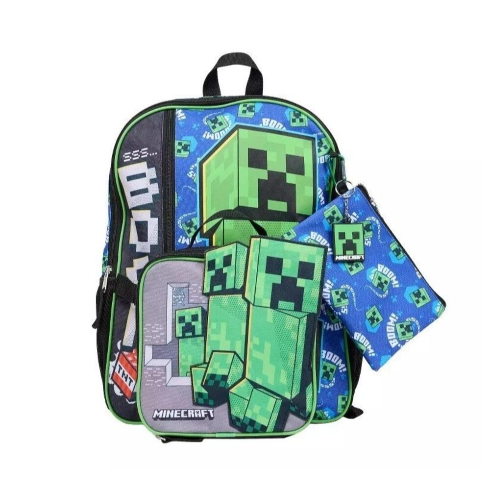 Minecraft Creeper 5-Pc Backpack Set Lunch Bag, Pencil Case, Keychain & Carabiner